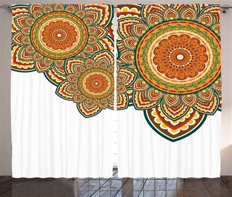 Ethnic Curtains 2 Panels Set Paisley Eastern Oriental Design With Floral Swirls And Circles