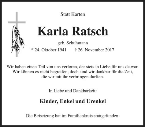 Traueranzeigen Von Karla Ratsch Trauer In Nrw De