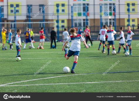 Cute Boy Playing Football Happy Child Enjoying Soccer Kids Activities