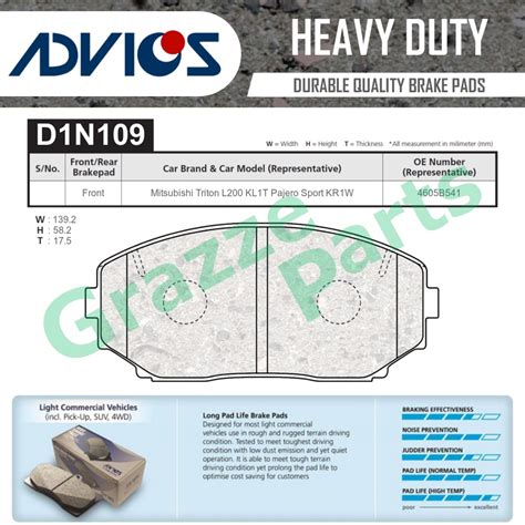 Advics Aisin Heavy Duty Disc Brake Pad Front D1N109Y For Mitsubishi