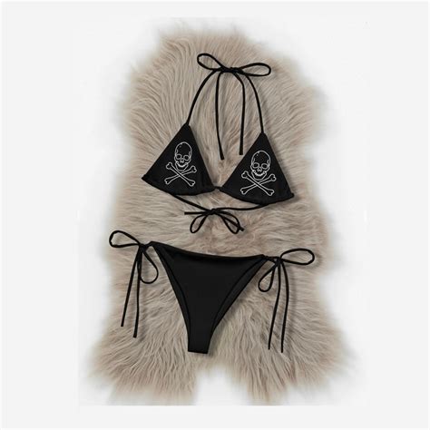 Goth Skull And Crossbones String Bikini Set Raver Two Piece All Over Print Recycled String