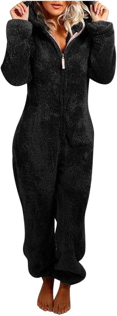 Damen Jumpsuit Langarm Onesie Teddy Fleece Pyjama Kurze Schlafanzug