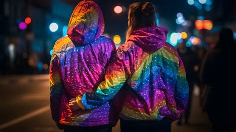 Two Lesbian Girls Wrapped In Rainbow Flag Concept Of LGBT Pride AI