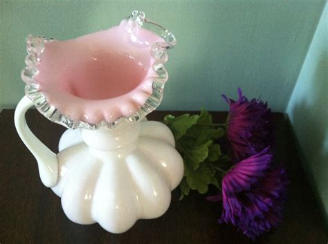 Vintage Fenton White And Pink Ruffled Vase With Handle