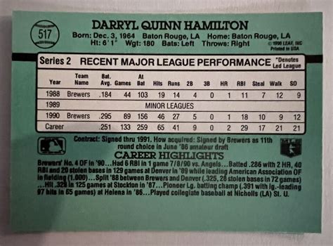 1991 Donruss 517 DARRYL HAMILTON Milwaukee Rare ERROR Card No Dot