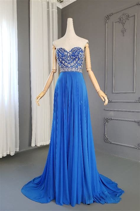 Stunning A Line Strapless Long Royal Blue Chiffon Crystal Beaded Prom