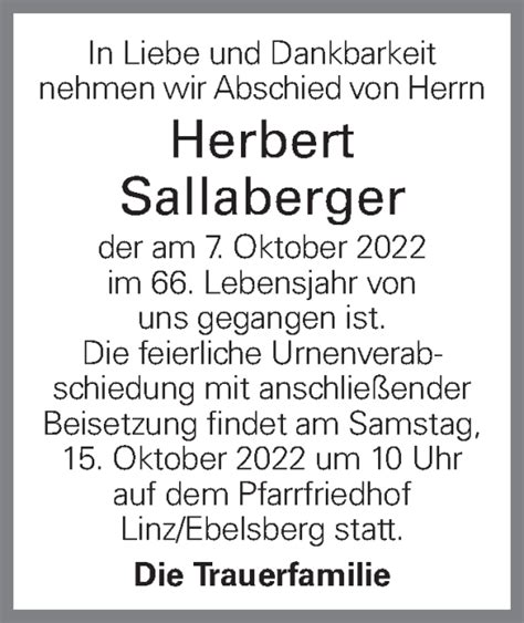 Traueranzeigen Von Herbert Sallaberger Wirtrauern At