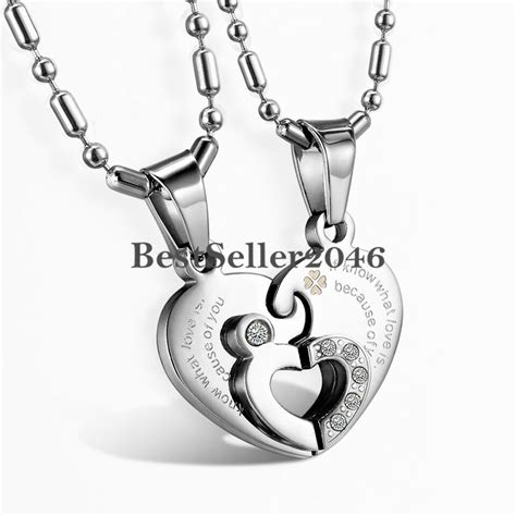 His And Hers Matching Love Hearts Couple Pendant Necklaces 2pcs