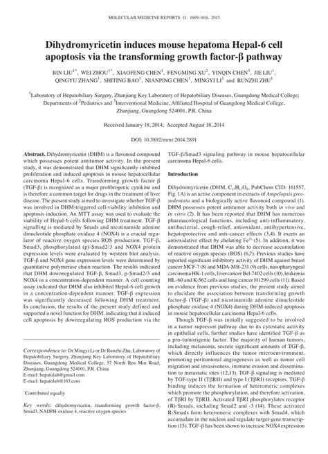 Pdf Dihydromyricetin Induces Mouse Hepatoma Hepal6 Cell Apoptosis Via The Transforming Growth