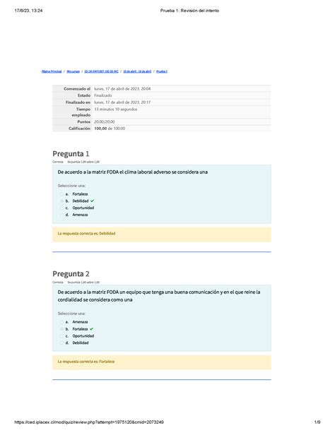 Prueba 1 Revisión Del Intento Página Principal Mis Cursos 23 1b