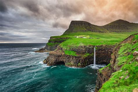 Gasadalur Village And Its Waterfall Faroe Islands Denmark Stock Image