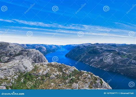 Cliff Preikestolen In Fjord Lysefjord Stock Image Image Of Panorama