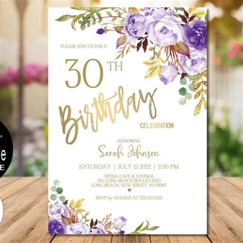 Purple And Gold Birthday Invitation Template Editable Etsy