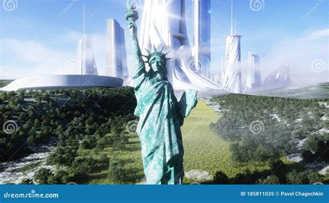 Futuristic City And Statue Of Liberty Future Concept Aerial View 3d