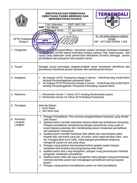 Sop Identifikasi Dan Pemenuhan Kebutuhan Pasien Dengan Resiko Kendala