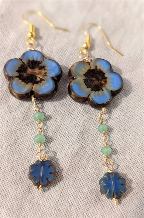 Blue Flower Dangle Earrings Etsy