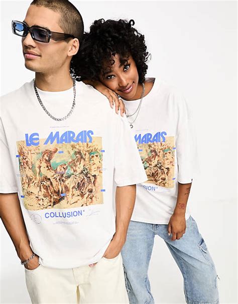 Collusion Unisex Graphic Front Print Skater T Shirt In White Asos