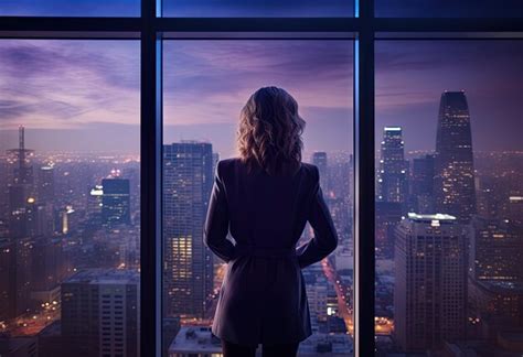 Premium AI Image Confident Woman Overlooking Nighttime Cityscape