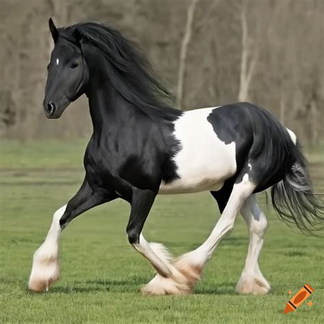 Black And White Pinto Friesian Stallion Full Body Photo