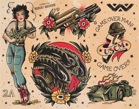 ALIENS Traditional Tattoo Flash Sheet Etsy