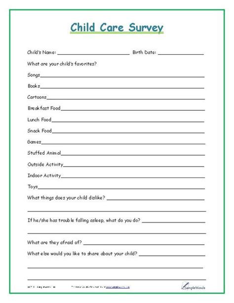 Child Care Survey For Day Care Pdf Document Form Daycare Forms