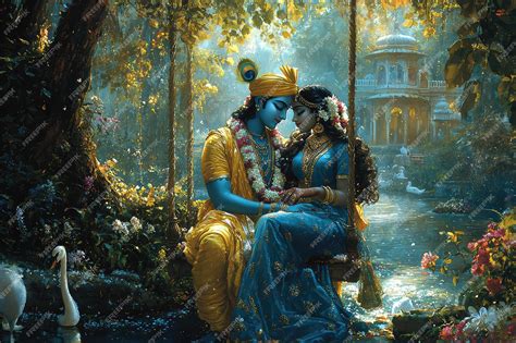 A Serene And Romantic Scene Of Lord Krishna And Radha Sitting Together