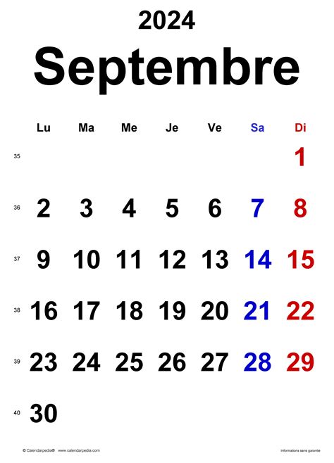 Calendrier Septembre Excel Word Et Pdf Calendarpedia