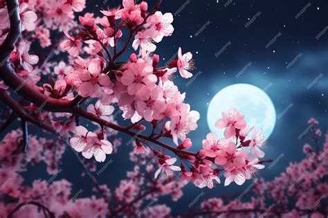 A pink cherry blossom tree with the full moon behind it | Premium AI ...