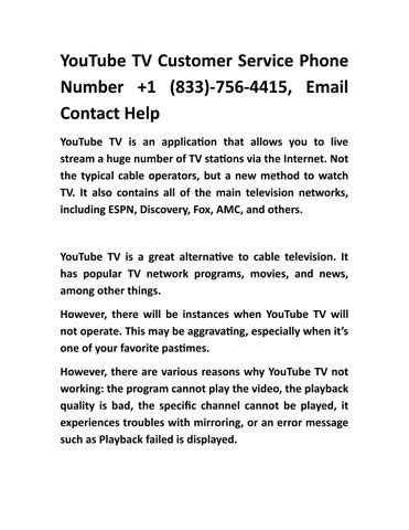 YouTube Live TV Customer Service Phone 1 833 756 4415 Number By