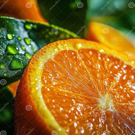 A Close Up Of An Orange Cut In Half With Water Droplets And Green