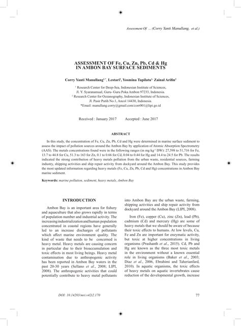 Pdf Assessment Of Fe Cu Zn Pb Cd H In Ambon Bay Surface Sediments