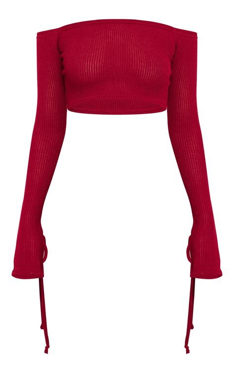 Cherry Red Sheer Rib Bardot Long Sleeve Crop Top Co Ords