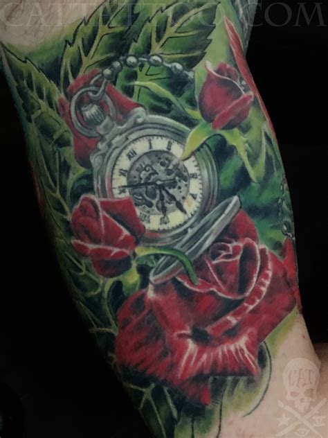 Pocket Watch And Rose Tattoo By Terry Mayo Tattoonow