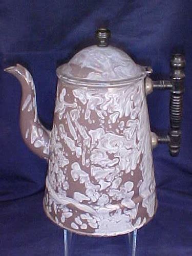 Antique Brown White Granite Teapot Enamelware Graniteware Gooseneck