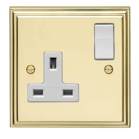 Eurolite Stepped Edge Spb1so W Polished Brass 1 Gang 13amp Dp Switched Socket With White Insert