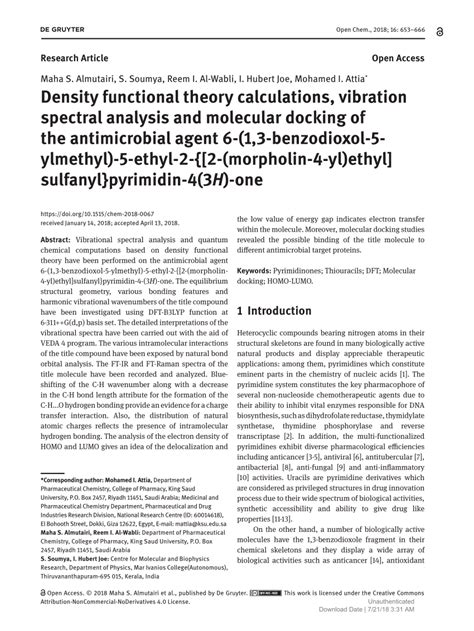 Pdf Density Functional Theory Calculations Vibration Spectral Analysis And Molecular Docking