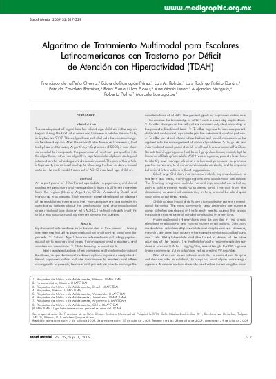 Algoritmo De Tratamiento Multimodal Para Escolares Latinoamericanos Con Trastorno Por Dficit De