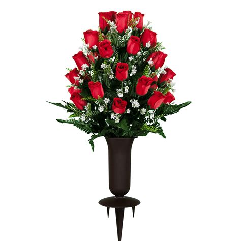 Sympathy Silks Red Rose Buds Artificial Cemetery Flowers Arrangement