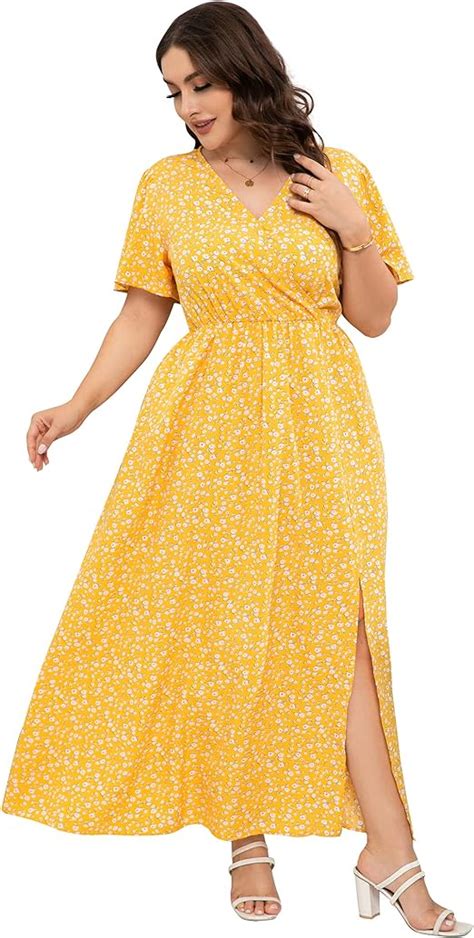 Kojooin Women Plus Size Wrap Maxi Dress Short Flutter Sleeves Empire