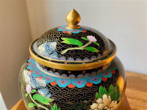 Chinese Cloisonne Lidded Vase On Carved Wooden Lacquered Stand