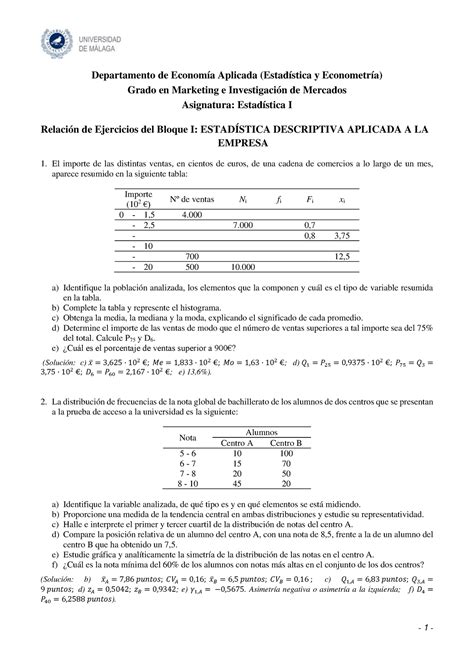 Ejercicios bloque I 19 20 Departamento de Economía Aplicada