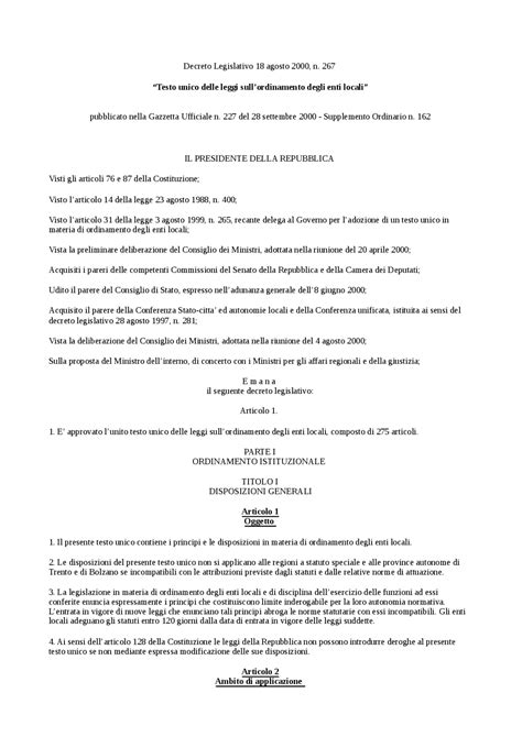 Testo Unico Delle Leggi Sullordinamento Degli Enti Locali Dlg 267