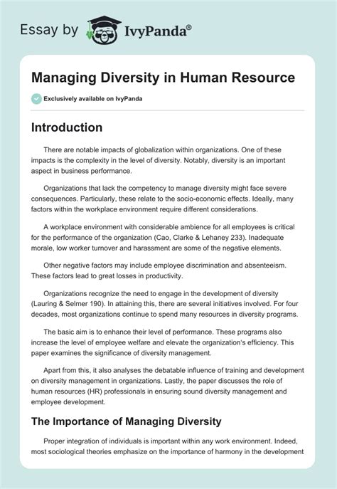 Managing Diversity In Human Resource Words Essay Example