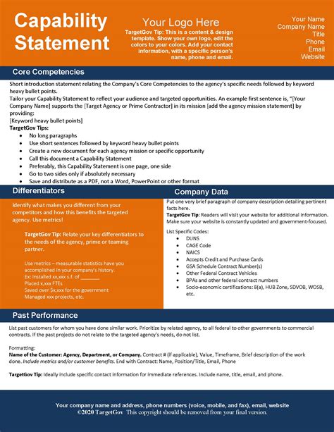 Capability Statement Editable Template Blue And Orange Targetgov Targetgov