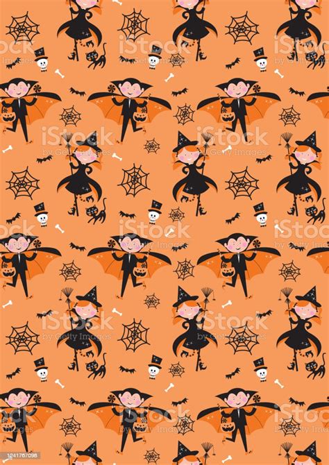 Seamless Repeat Orange Halloween Characters Pattern Stock Illustration