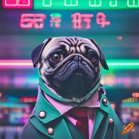 Close Up Photo Of A Pug Wearing A Trench Coat In A Futuristic Market On