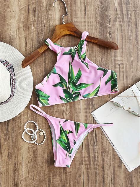 Leaf Print Racer Back Bikini Set Shein Sheinside