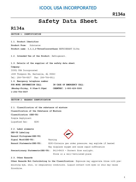 Safety Data Sheet R134a Pdf