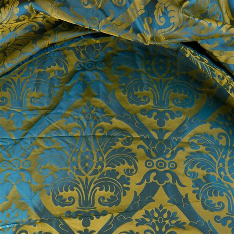 French Blue And Gold Silk Woven Scalamandre Style Designer Damask Fabric For Sale At 1stdibs