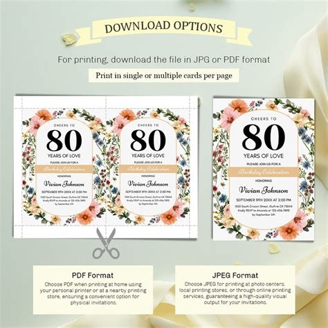 Floral 80th Birthday Invitation Template Editable Printable 80th